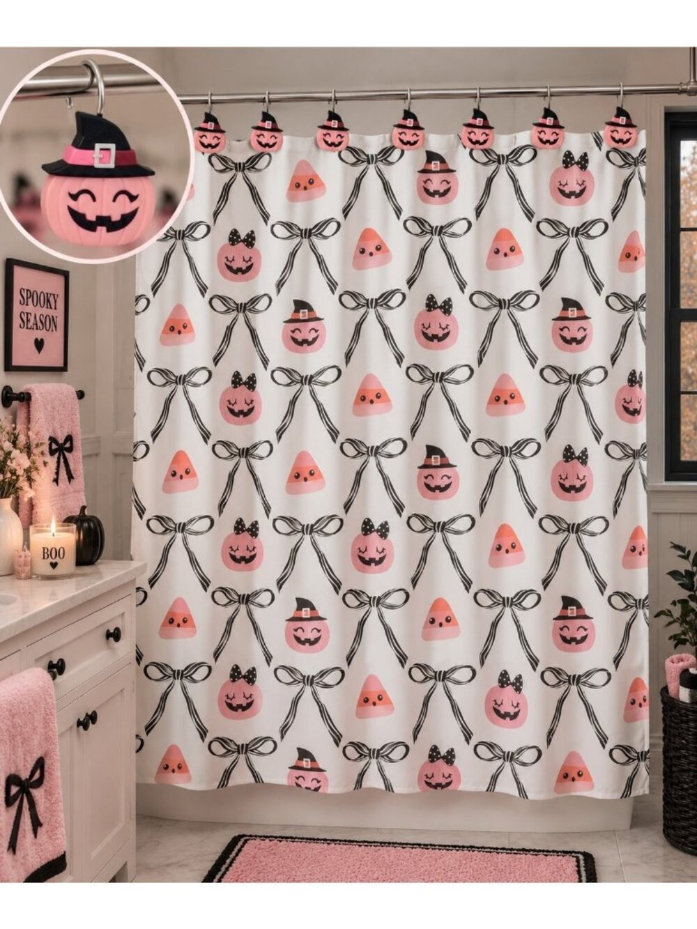 New Pink Halloween Shower Curtain Hook Set Pumpkin Witch Pink Black Bow 13pc